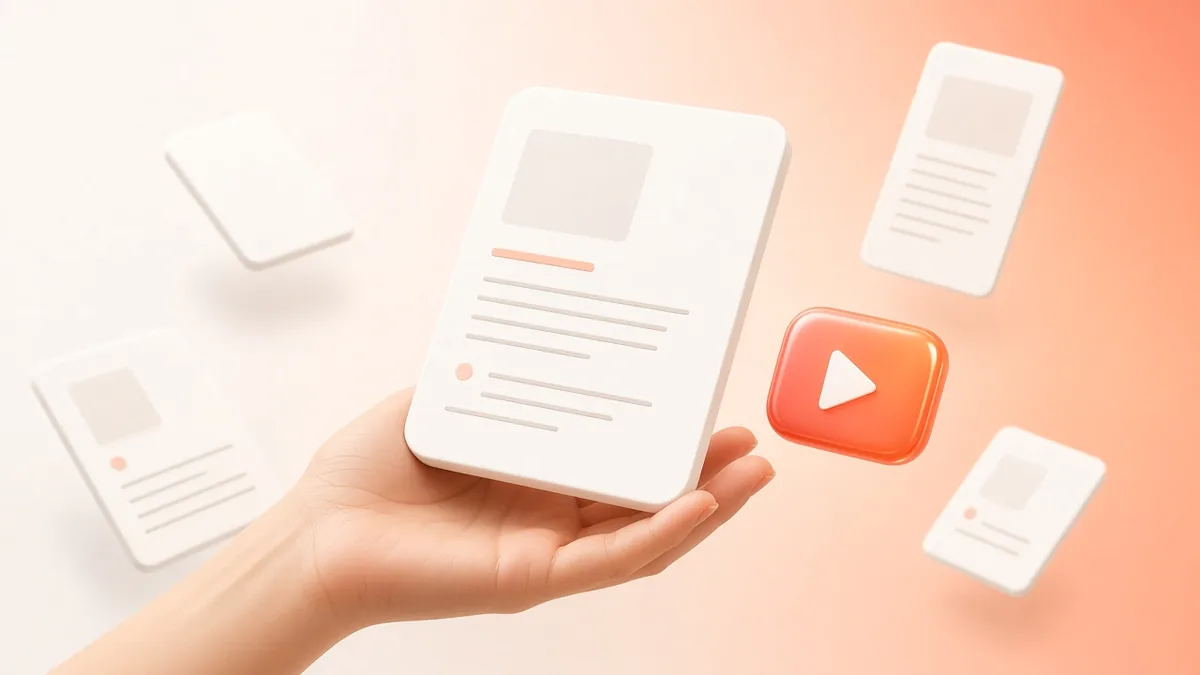 Illustration of a hand holding an article card among floating pages and a play button